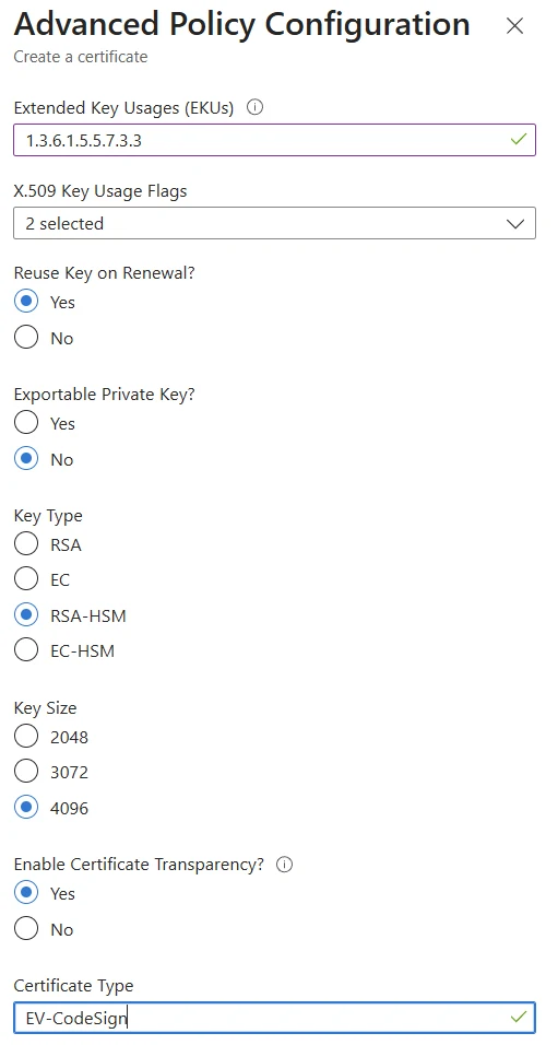 Advanced Policy Configuration i Azure Key Vault med EKU 1.3.6.1.5.5.7.3.3, Reuse Key on Renewal Yes, Exportable Private Key No, Key Type RSA-HSM og Key Size 4096