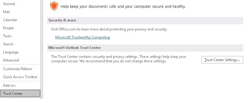 Trust Center Settings