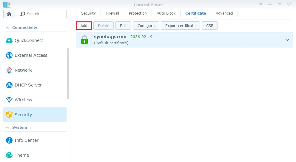 Add certificate in DSM control panel