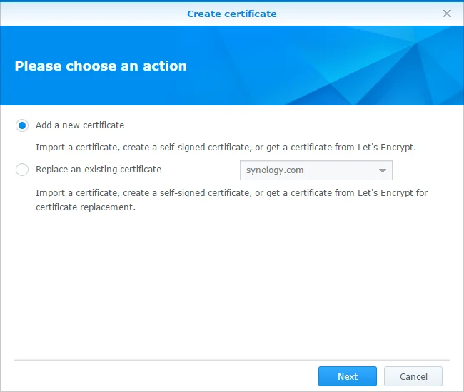 Add new certificate dialog